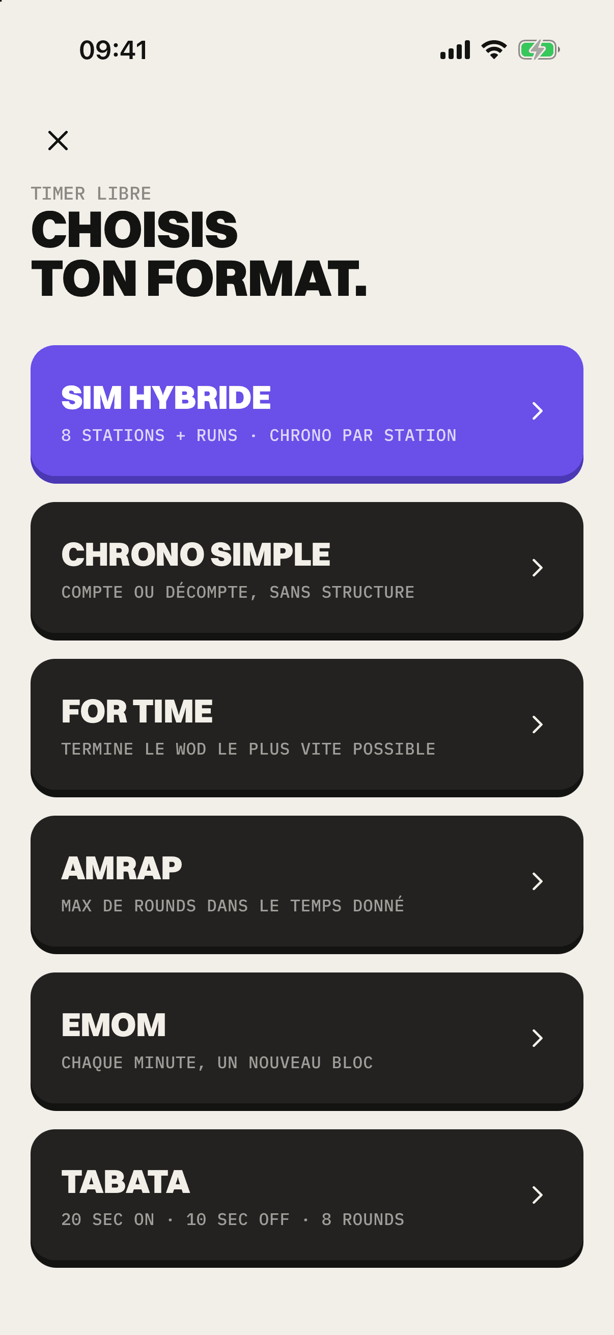 L’écran Timer libre, « Choisis ton format. » : sim hybride (8 stations + runs, chrono par station), chrono simple, for time, AMRAP, EMOM et Tabata (20 s on, 10 s off, 8 rounds).